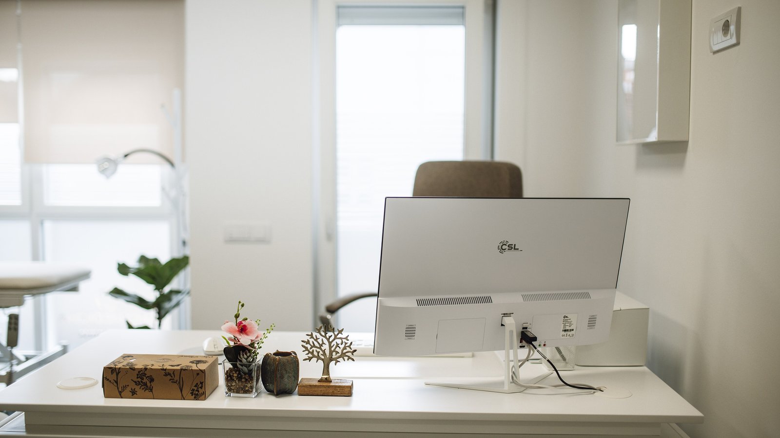 Modern office workspace with desk and monitor